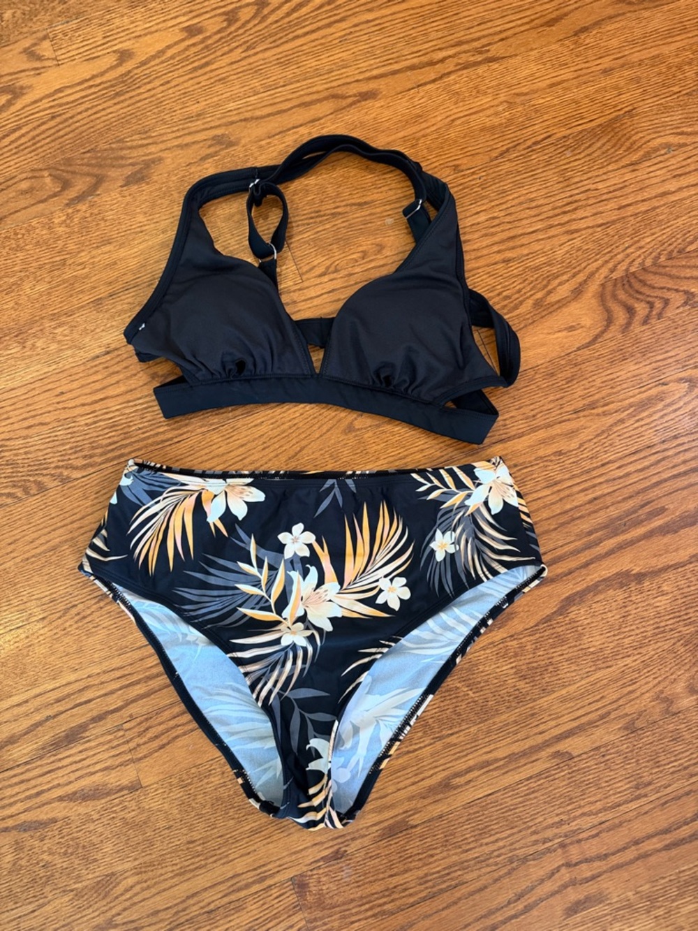 Black Floral High-Waist Bikini Set
